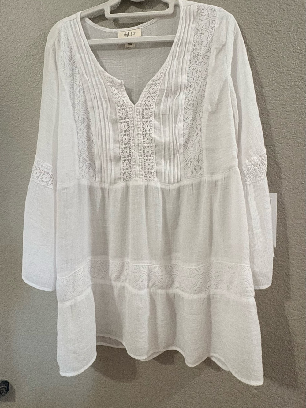 Style & Co XL White Lace Trim Boho Tunic Blouse Bell Sleeve Peasant Top